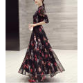 Spring Ladies Chiffon Printed Stand Collar Long Sweet Dress